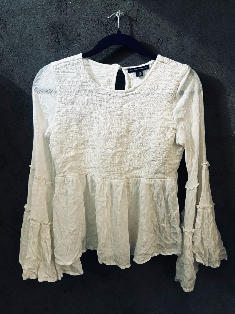 American Eagle Outfitters Bell Sleeve Smocked Top Boho Festival Size M White - Picture 2 of 12